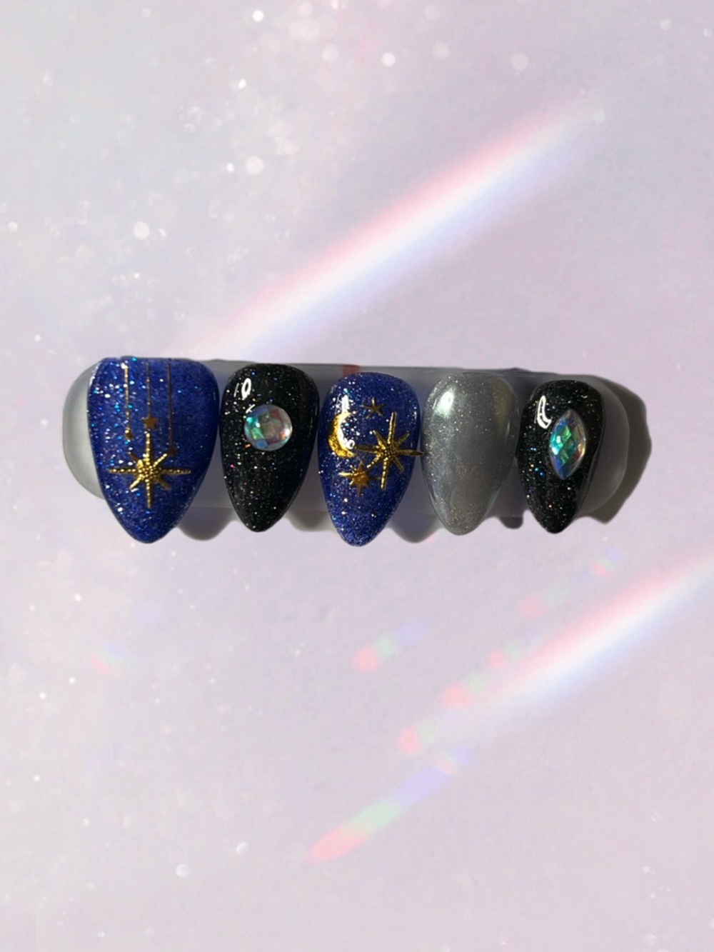 Midnight Celestial Press On Nails Moon Star Dark Blue Black Set
